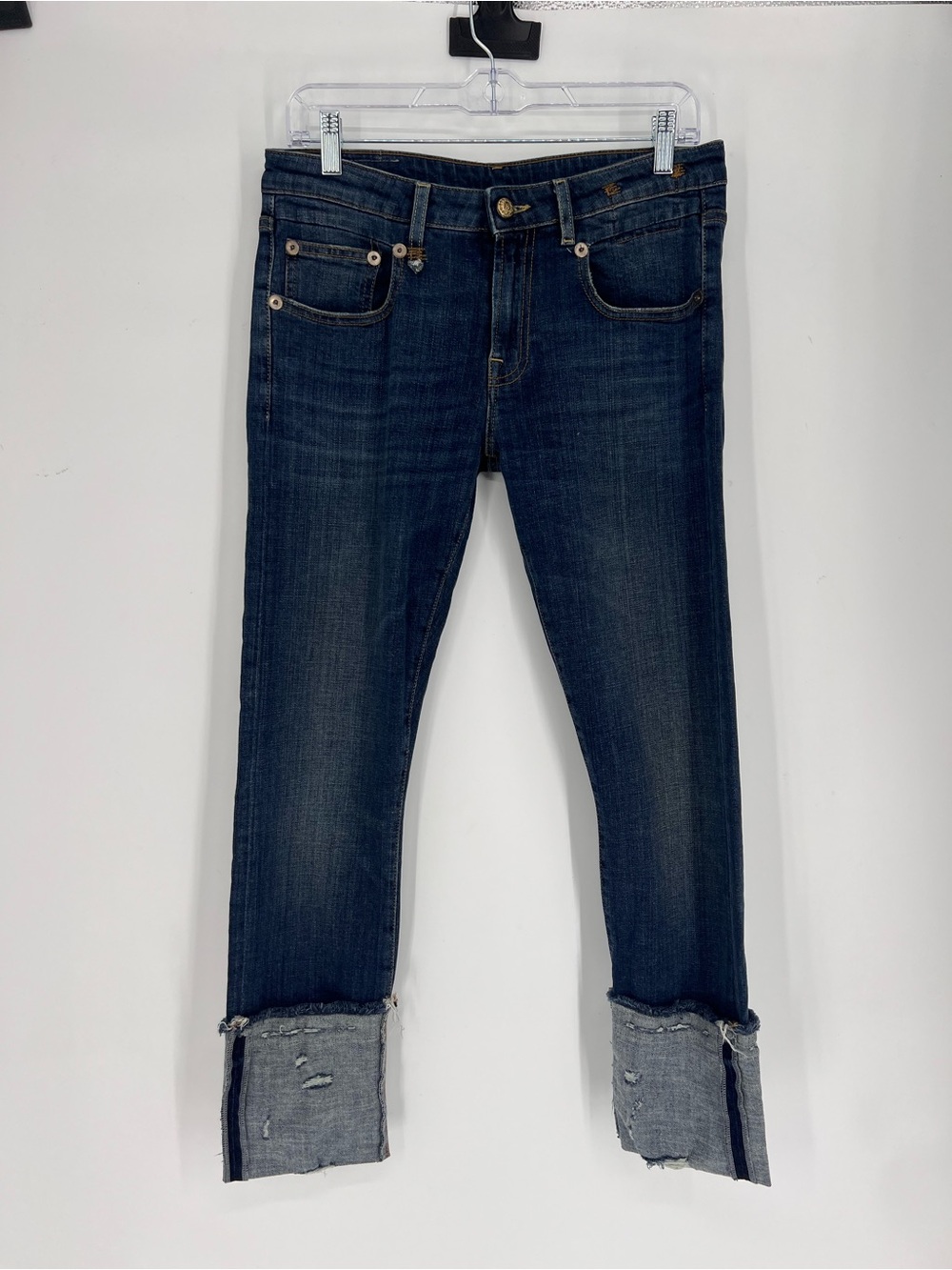 R13 Kate Dark Blue Cropped Designer Rolled Distressed Cuff Skinny Capri Jeans 27